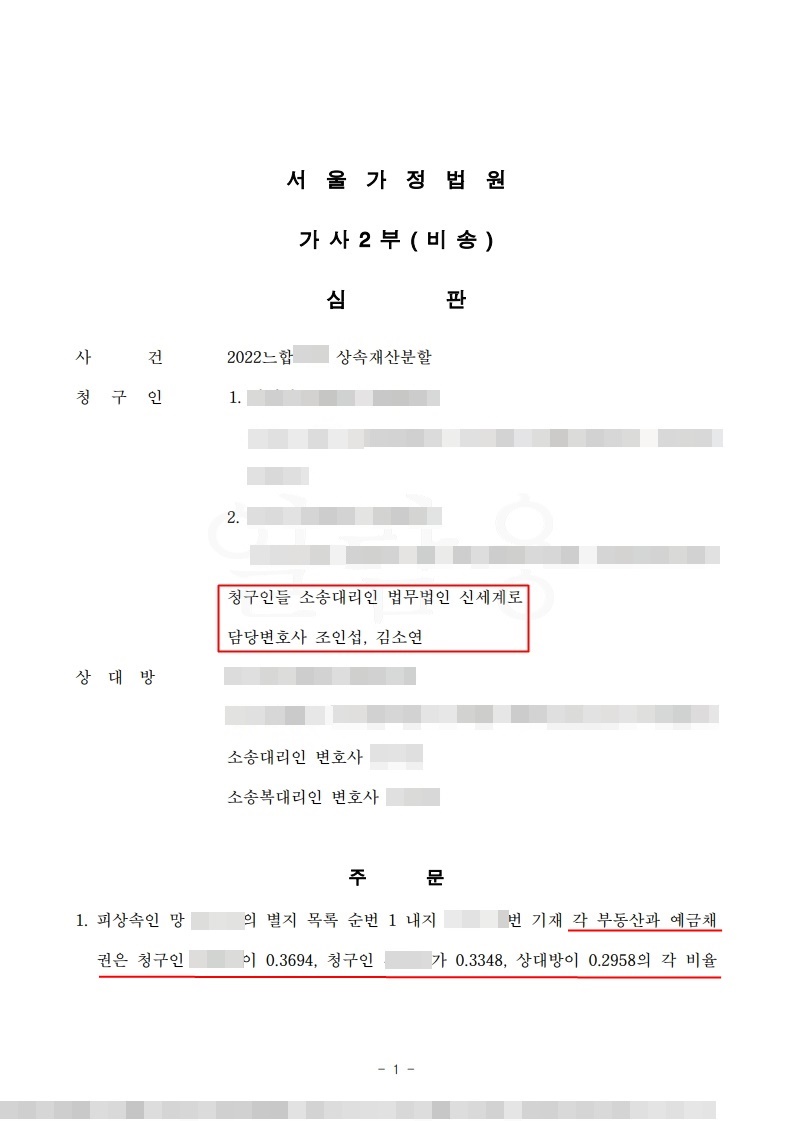 분할 합의의 효력을 다투고 특별수익 4억 원을 반영 공개 사례 이미지